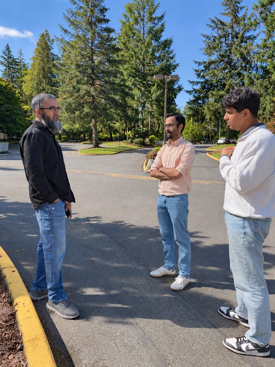 Three teammates talking in the parking lot on a sunny day